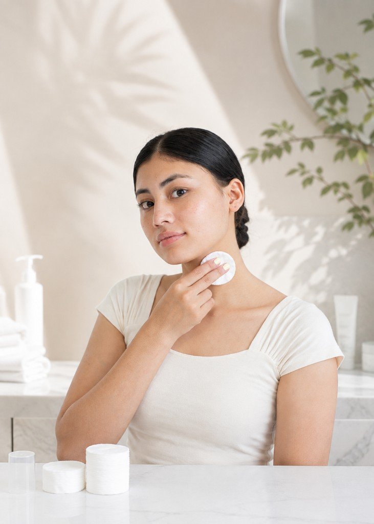 Woman dabbing cotton gauze onto her face